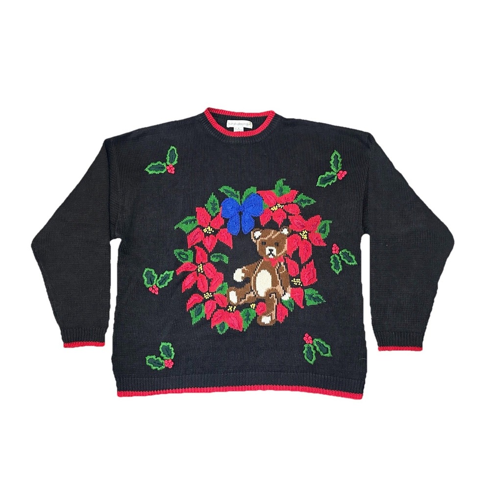 VTG Sarah Alexander Teddy Bear Holiday Embroidered Wreath Black Red Sweater XL